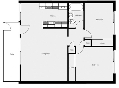 A black and white floor plan of a house with a kitchen, living area, patio, and two bedrooms.